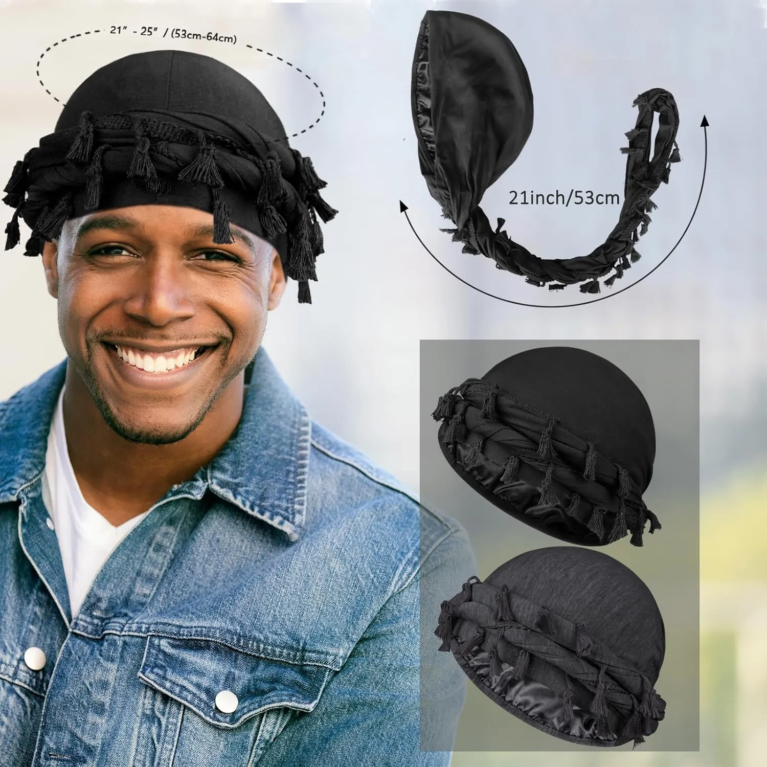 2 Pcs Satin Lined Turban With Long Twist Straps, Silky Head Wraps for Men, Halo Head Scarf for Hair