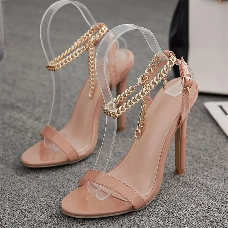Amozae-2024 Women 12cm High Heels Sandals Platform Nude Blue Sandles Pleaser Designer Metal Chain Strap Heels Lady Feitsh Pink Shoes