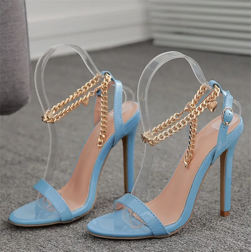 Amozae-2024 Women 12cm High Heels Sandals Platform Nude Blue Sandles Pleaser Designer Metal Chain Strap Heels Lady Feitsh Pink Shoes