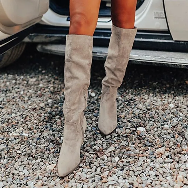 Amozae- Autumn Boots  Women's Boots Slouchy Boots Daily Knee High Boots Winter Buckle Cuban Heel Pointed Toe Vintage Casual British Walking Shoes Faux Leather Zipper Solid Colored Light Grey