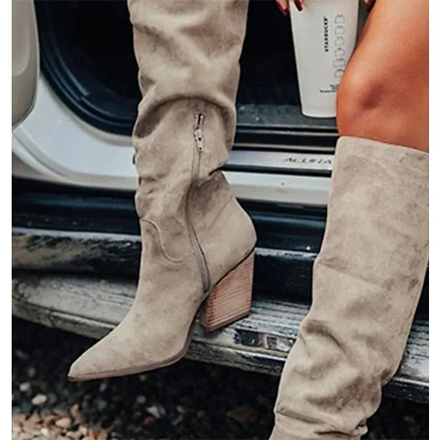 Amozae- Autumn Boots  Women's Boots Slouchy Boots Daily Knee High Boots Winter Buckle Cuban Heel Pointed Toe Vintage Casual British Walking Shoes Faux Leather Zipper Solid Colored Light Grey