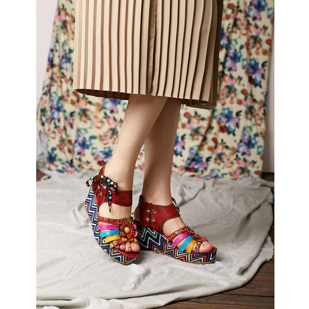 Bohemian Vintage Flower Wedge Platform Sandal Shoes