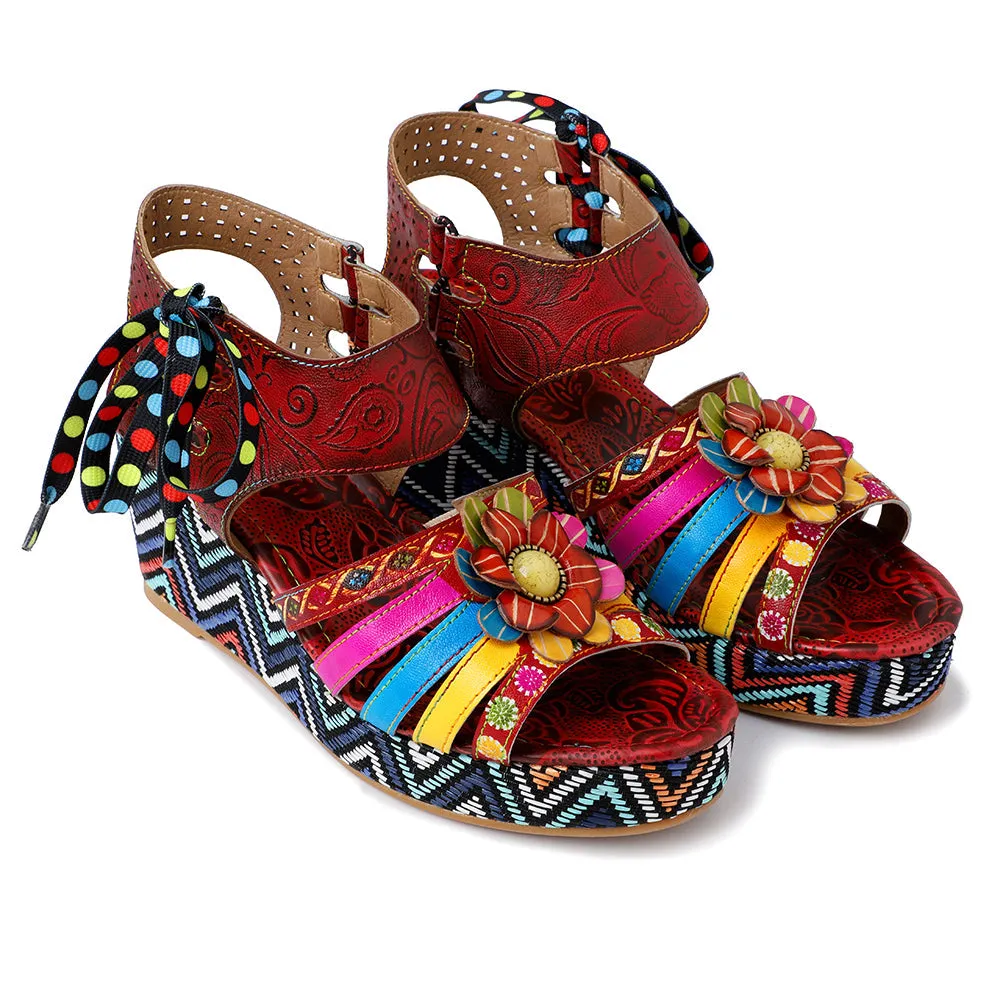 Bohemian Vintage Flower Wedge Platform Sandal Shoes