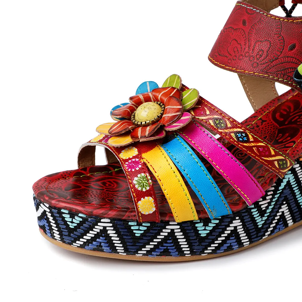 Bohemian Vintage Flower Wedge Platform Sandal Shoes