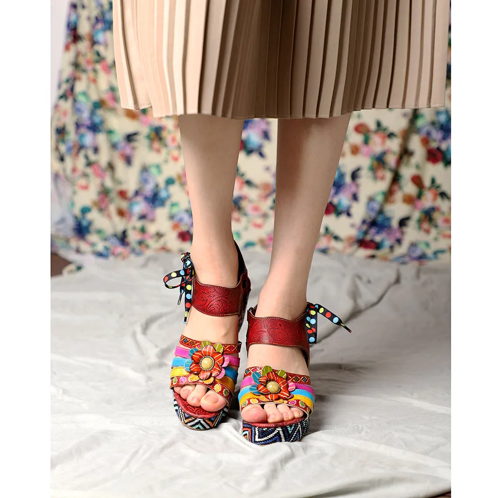Bohemian Vintage Flower Wedge Platform Sandal Shoes