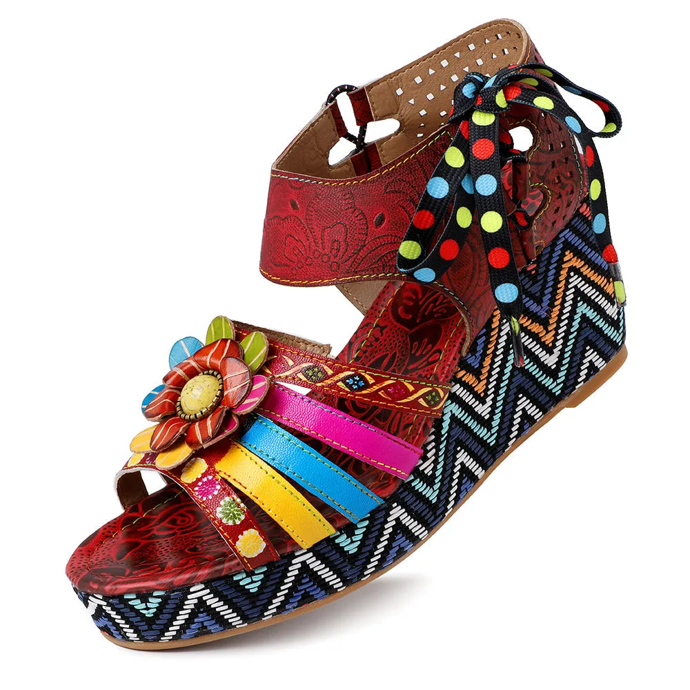 Bohemian Vintage Flower Wedge Platform Sandal Shoes