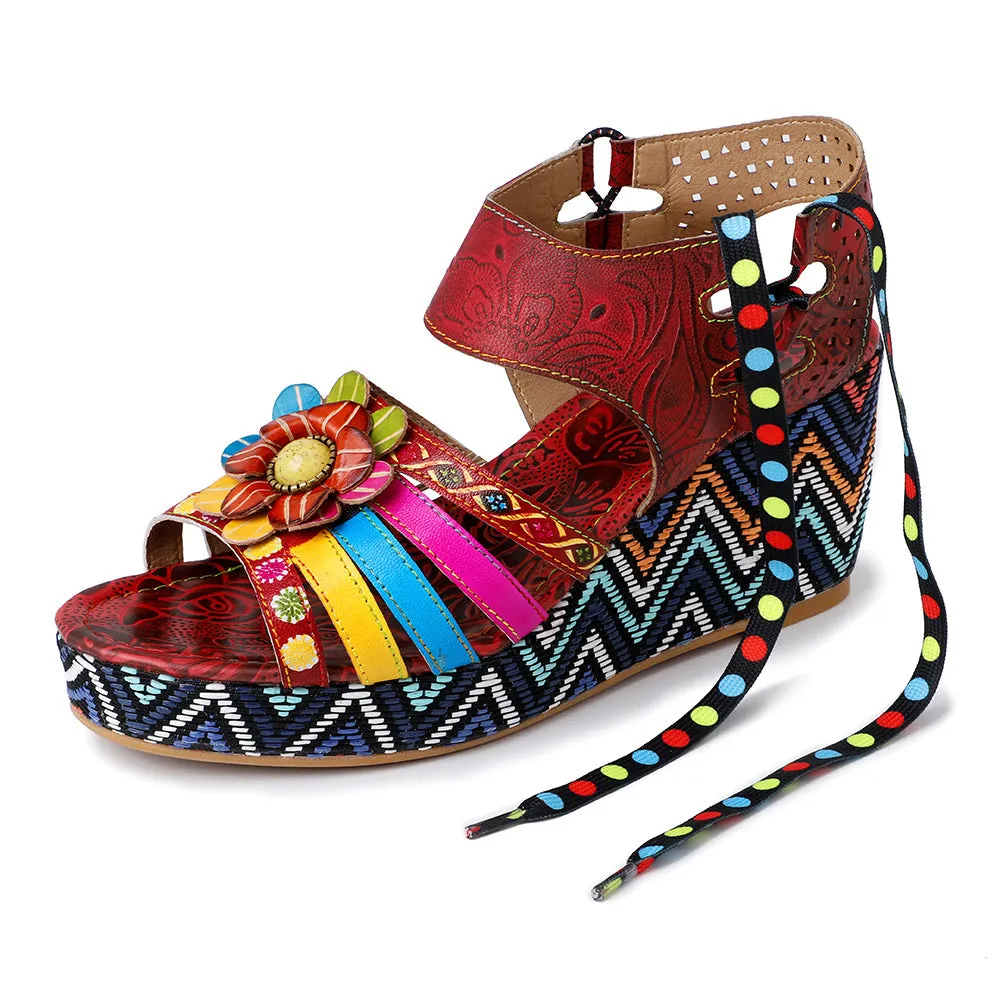 Bohemian Vintage Flower Wedge Platform Sandal Shoes