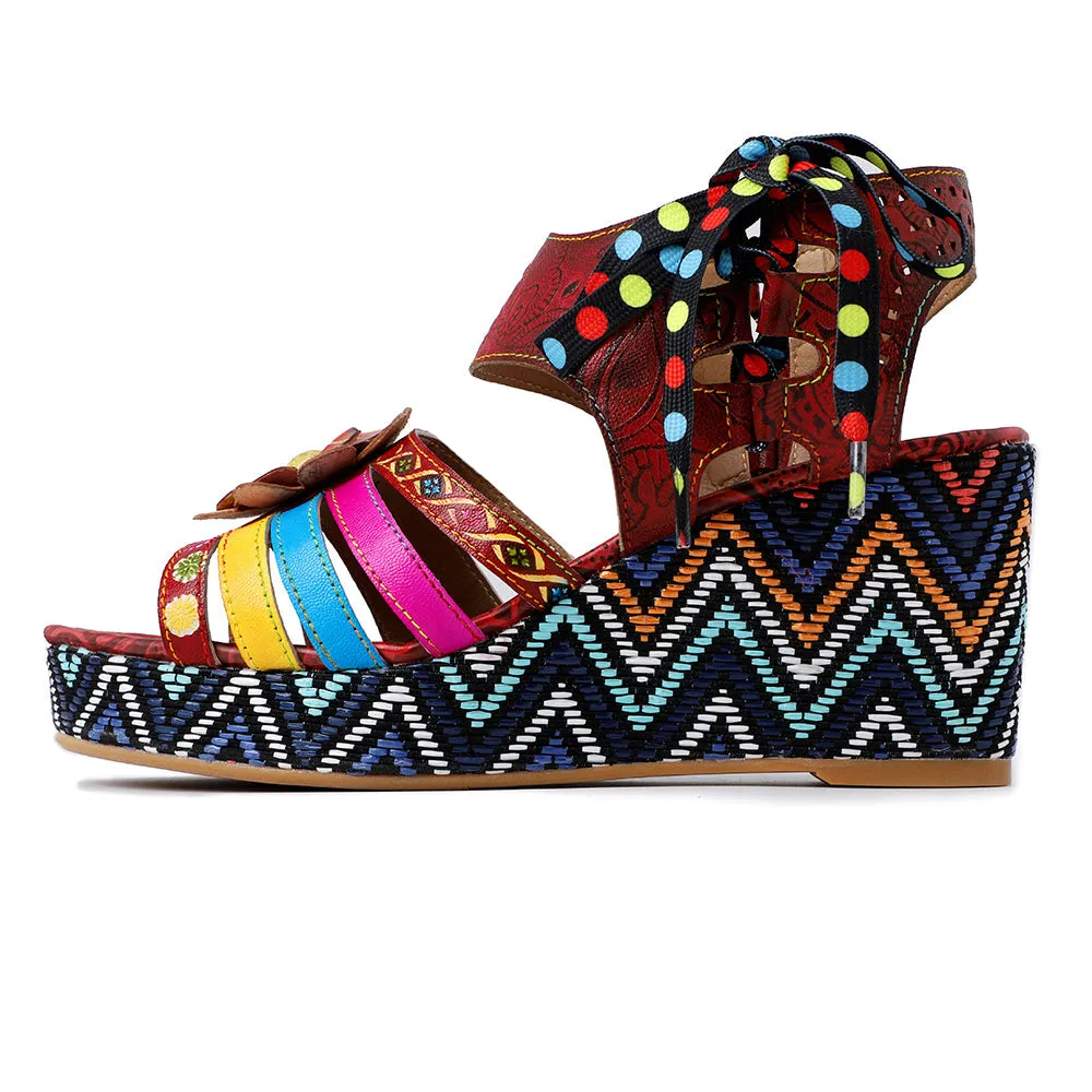 Bohemian Vintage Flower Wedge Platform Sandal Shoes