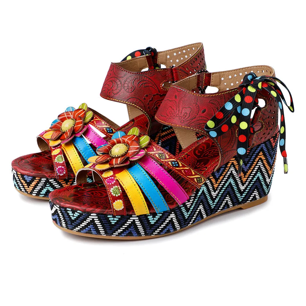 Bohemian Vintage Flower Wedge Platform Sandal Shoes