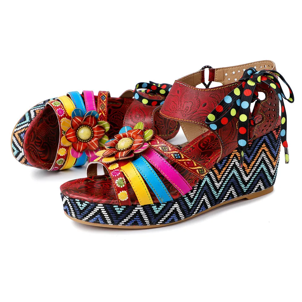Bohemian Vintage Flower Wedge Platform Sandal Shoes