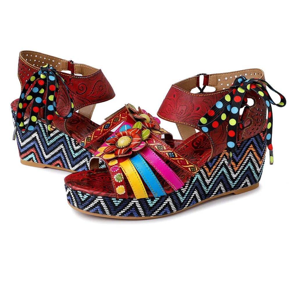 Bohemian Vintage Flower Wedge Platform Sandal Shoes