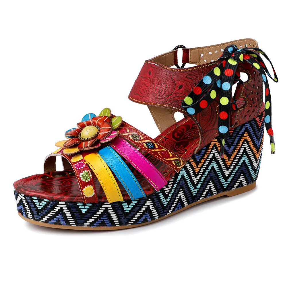Bohemian Vintage Flower Wedge Platform Sandal Shoes