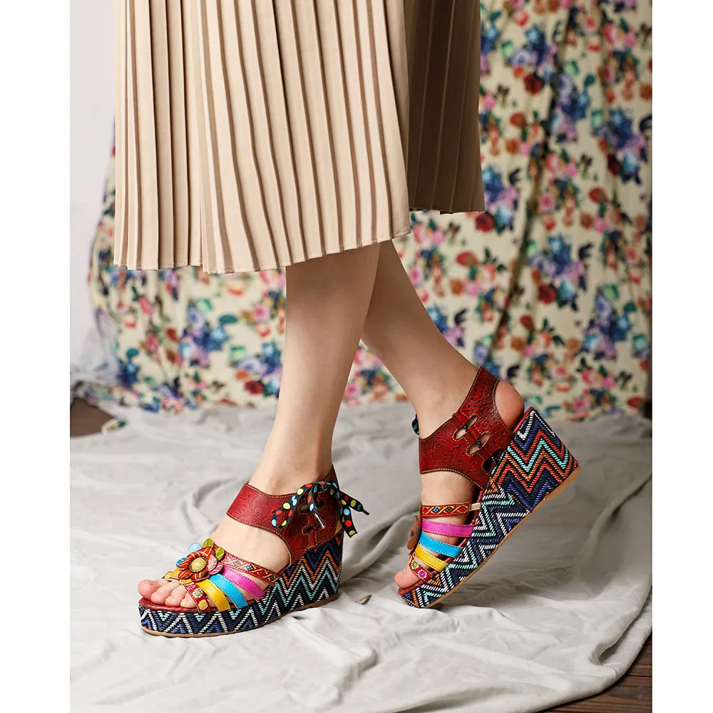 Bohemian Vintage Flower Wedge Platform Sandal Shoes