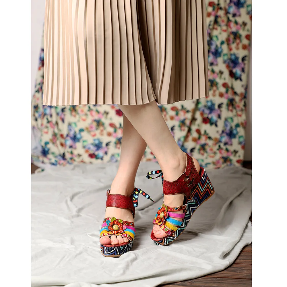 Bohemian Vintage Flower Wedge Platform Sandal Shoes