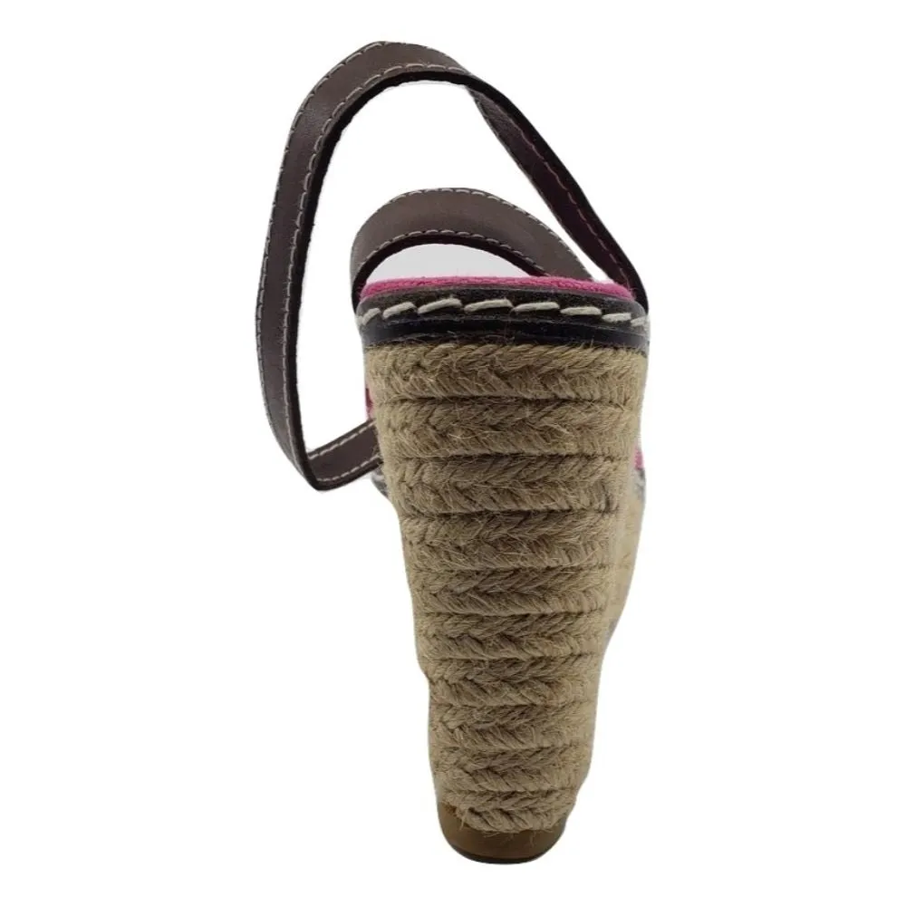 Castañer Pink Fabric Raffia Wedge Sandals