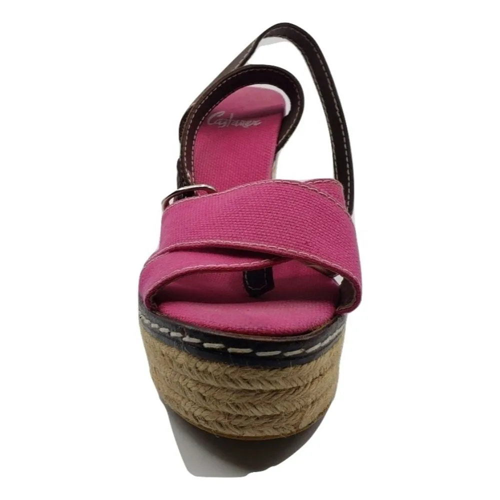 Castañer Pink Fabric Raffia Wedge Sandals