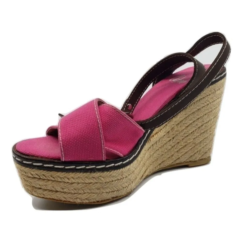 Castañer Pink Fabric Raffia Wedge Sandals