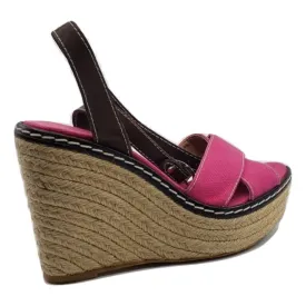 Castañer Pink Fabric Raffia Wedge Sandals