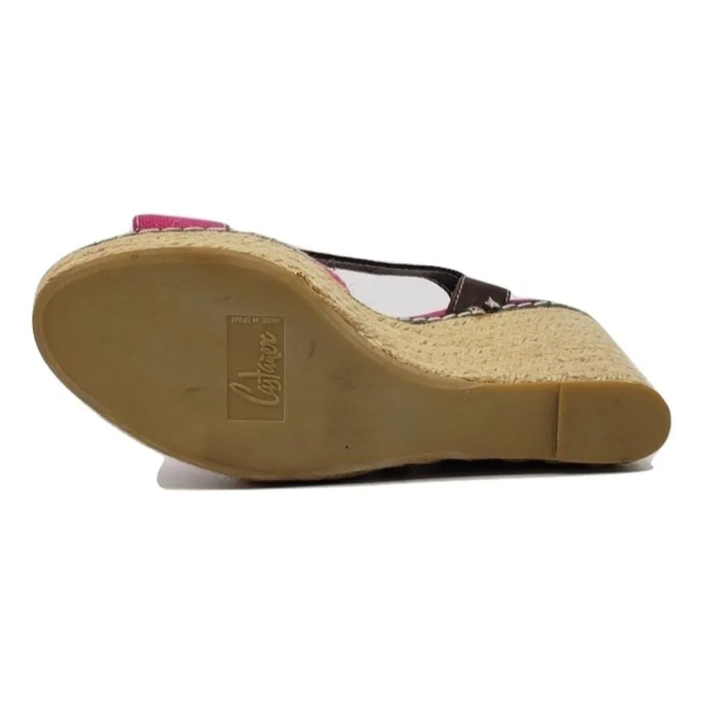 Castañer Pink Fabric Raffia Wedge Sandals