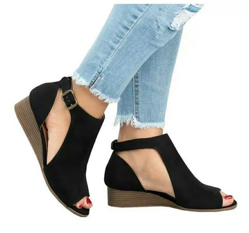 Chicvane Peep Toe Hollow Side Wedge Sandals with Buckle