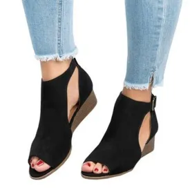 Chicvane Peep Toe Hollow Side Wedge Sandals with Buckle