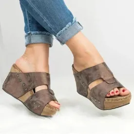 Chicvane Rivet Studded Open Toe Wedge Sandals Slippers