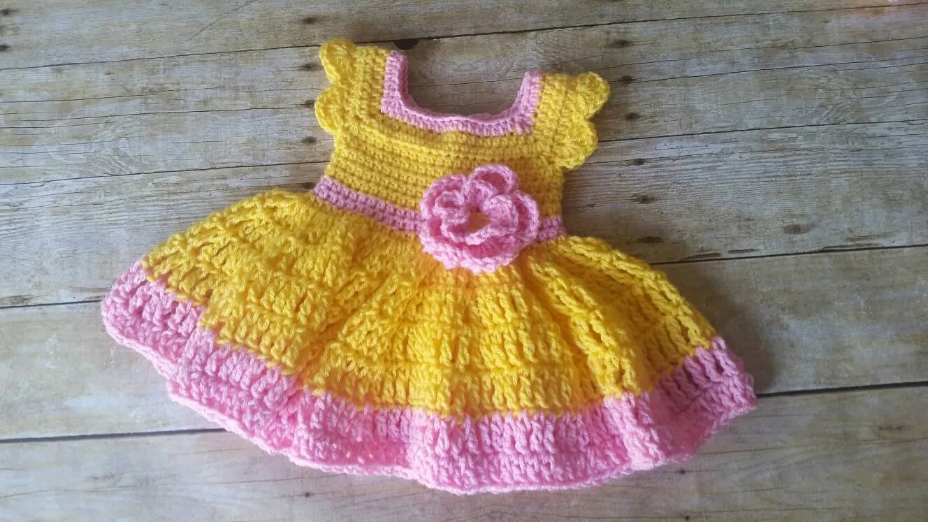 Crochet Baby Dress, Yellow Pink Baby Outfit, Handmade Baby Headband, Newborn Baby Outfit, Baby Shower Gift, Infant Girl Dress, Baby Gift New