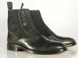 Designer Handmade Men's Black Cap Toe Ankle High Boots, Men Leather Suede Button Boots