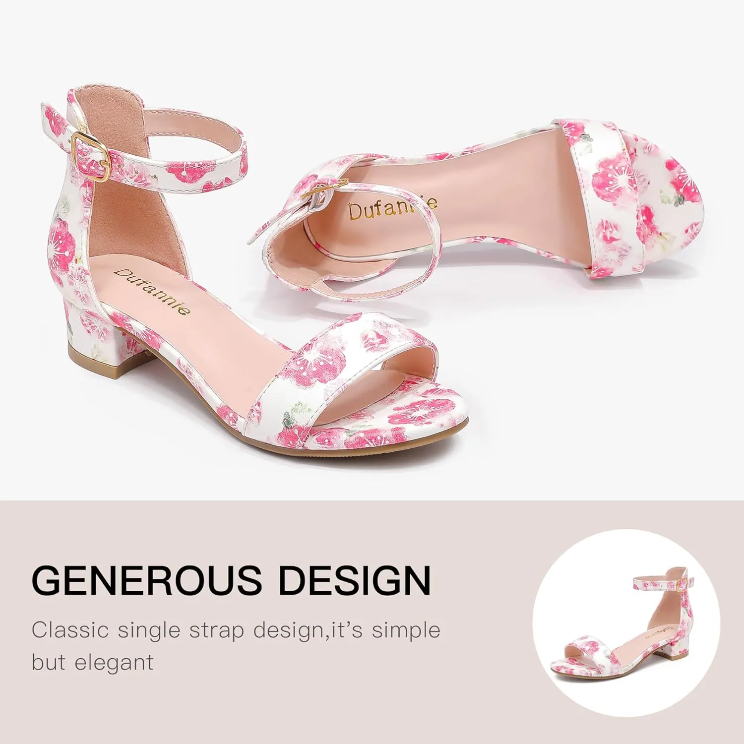 Dufannie Girls Sandals Low Heels Dress Pump Ankle Strap Open Toe Flower Girl Wedding Party for Toddler Little Big Kid