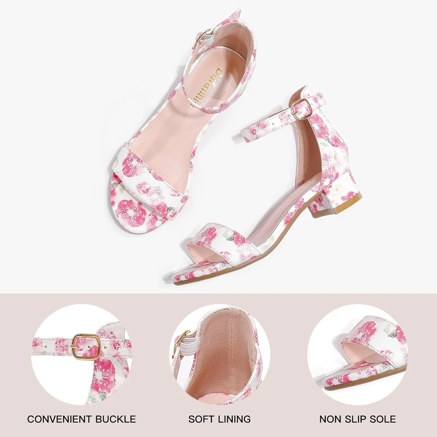 Dufannie Girls Sandals Low Heels Dress Pump Ankle Strap Open Toe Flower Girl Wedding Party for Toddler Little Big Kid