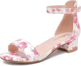 Dufannie Girls Sandals Low Heels Dress Pump Ankle Strap Open Toe Flower Girl Wedding Party for Toddler Little Big Kid