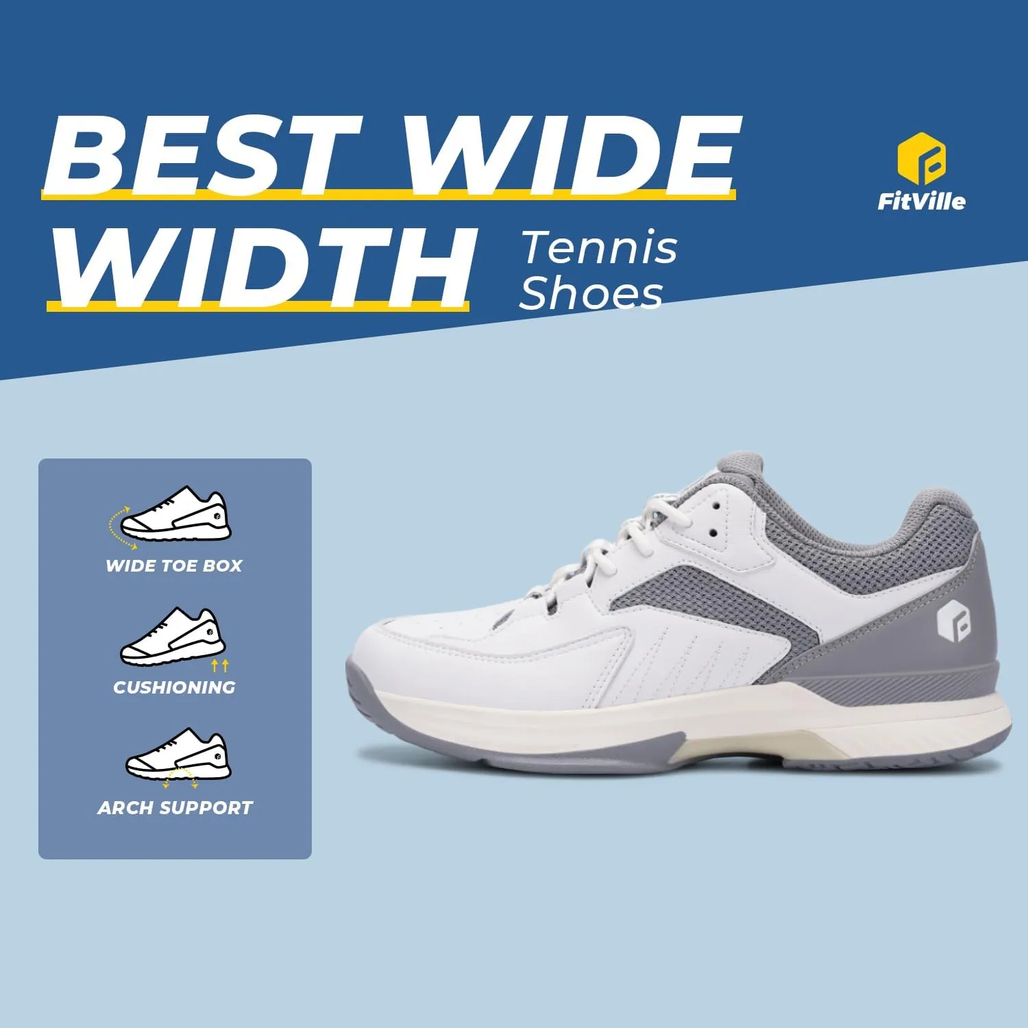 FitVille Men??s Wide Pickleball Shoes All Court Tennis Shoes with Arch Support for Plantar Fasciitis
