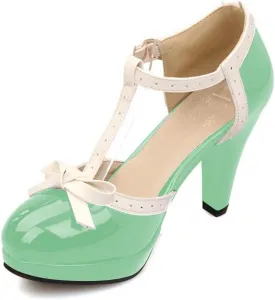 ForeMode Bow Mary Jane Shoes High Heels Closed Round Toe Pumps Leather Summer Sweet Shoe