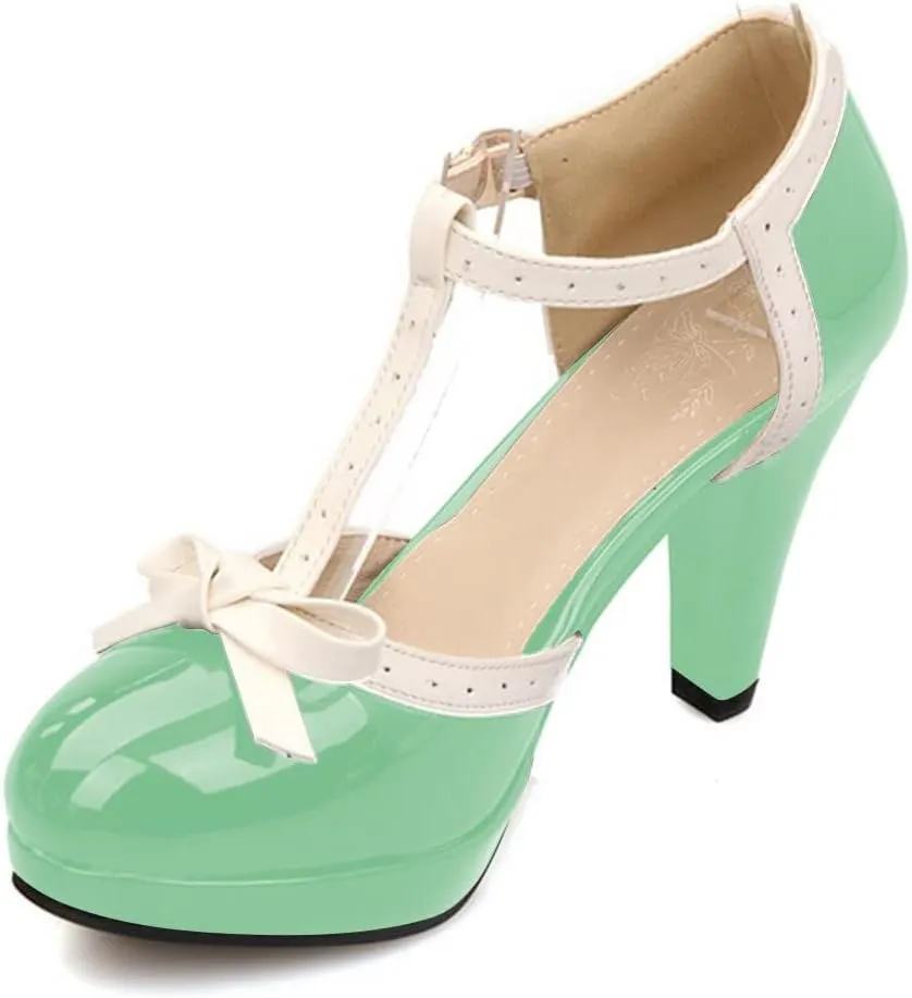 ForeMode Bow Mary Jane Shoes High Heels Closed Round Toe Pumps Leather Summer Sweet Shoe