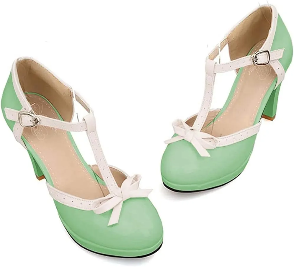 ForeMode Bow Mary Jane Shoes High Heels Closed Round Toe Pumps Leather Summer Sweet Shoe