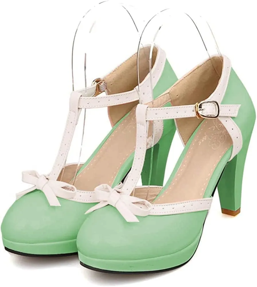 ForeMode Bow Mary Jane Shoes High Heels Closed Round Toe Pumps Leather Summer Sweet Shoe
