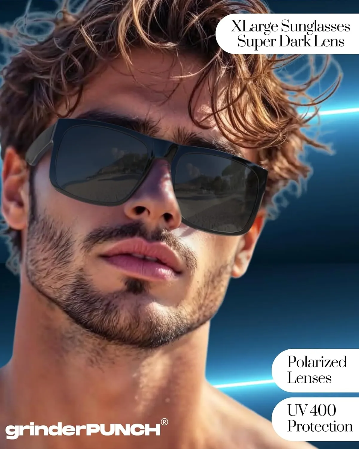 grinderPUNCH Mens Oversized Sunglasses XL Big Head Fit, Extra Wide Frame Sunglasses for Men, Big Heads, XXL Large Wide Shades