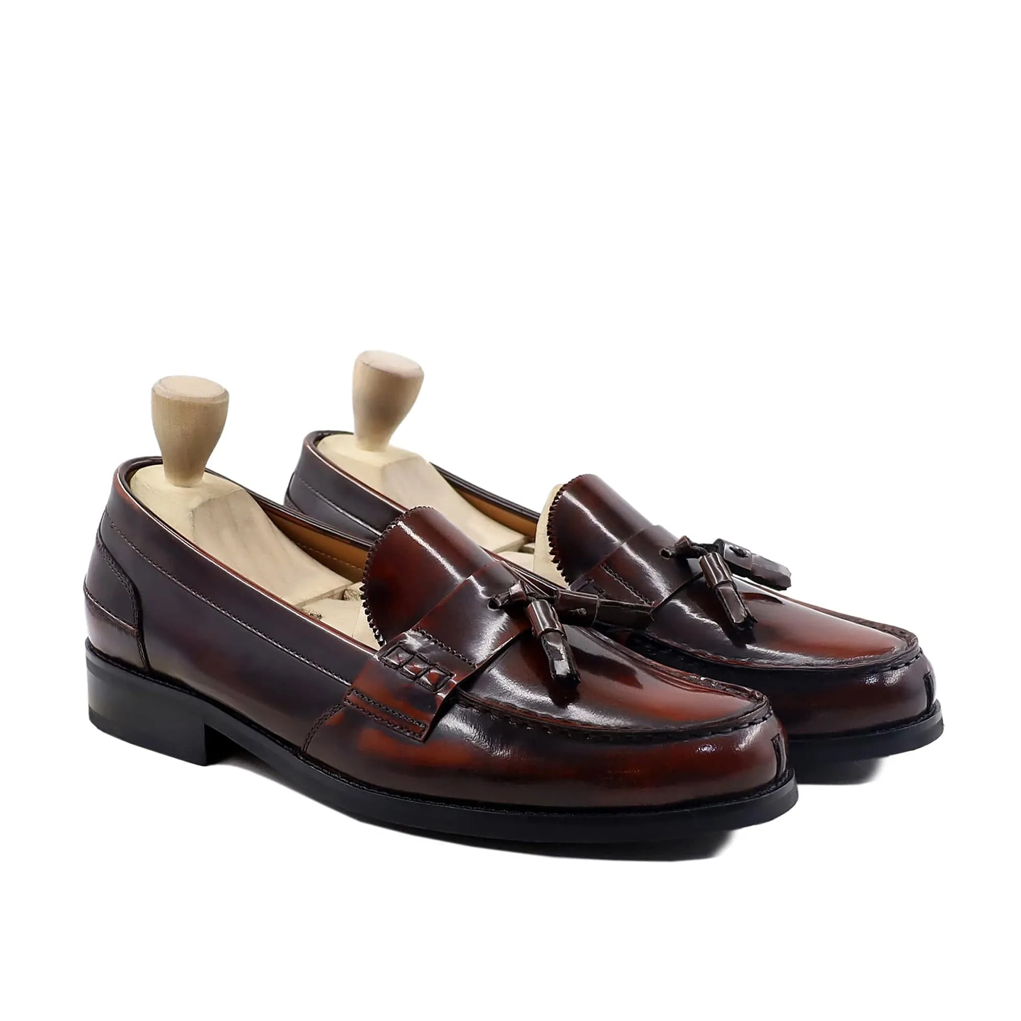 Handmade Custom Burnished Brown Box Leather High Shine Mens Loafers