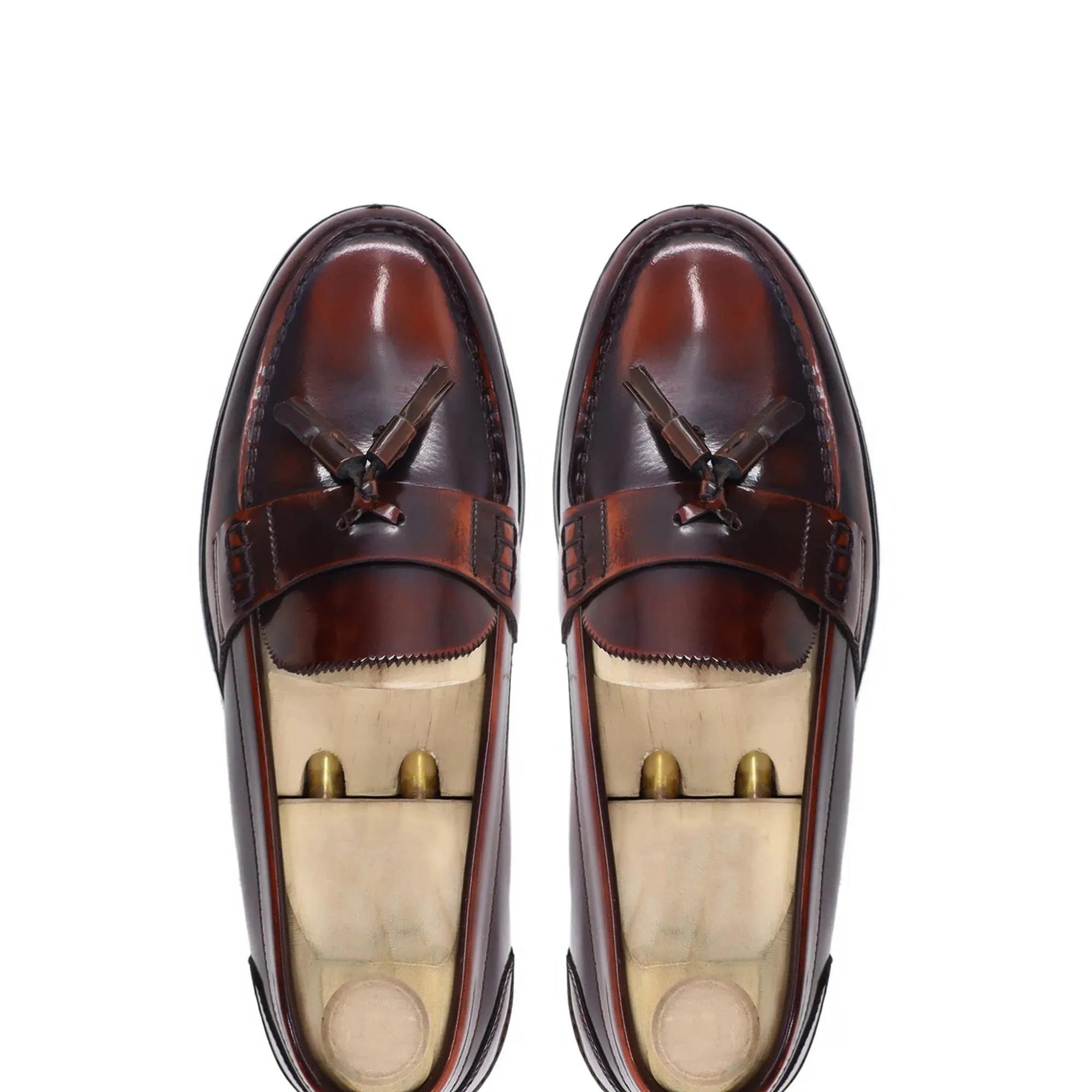 Handmade Custom Burnished Brown Box Leather High Shine Mens Loafers