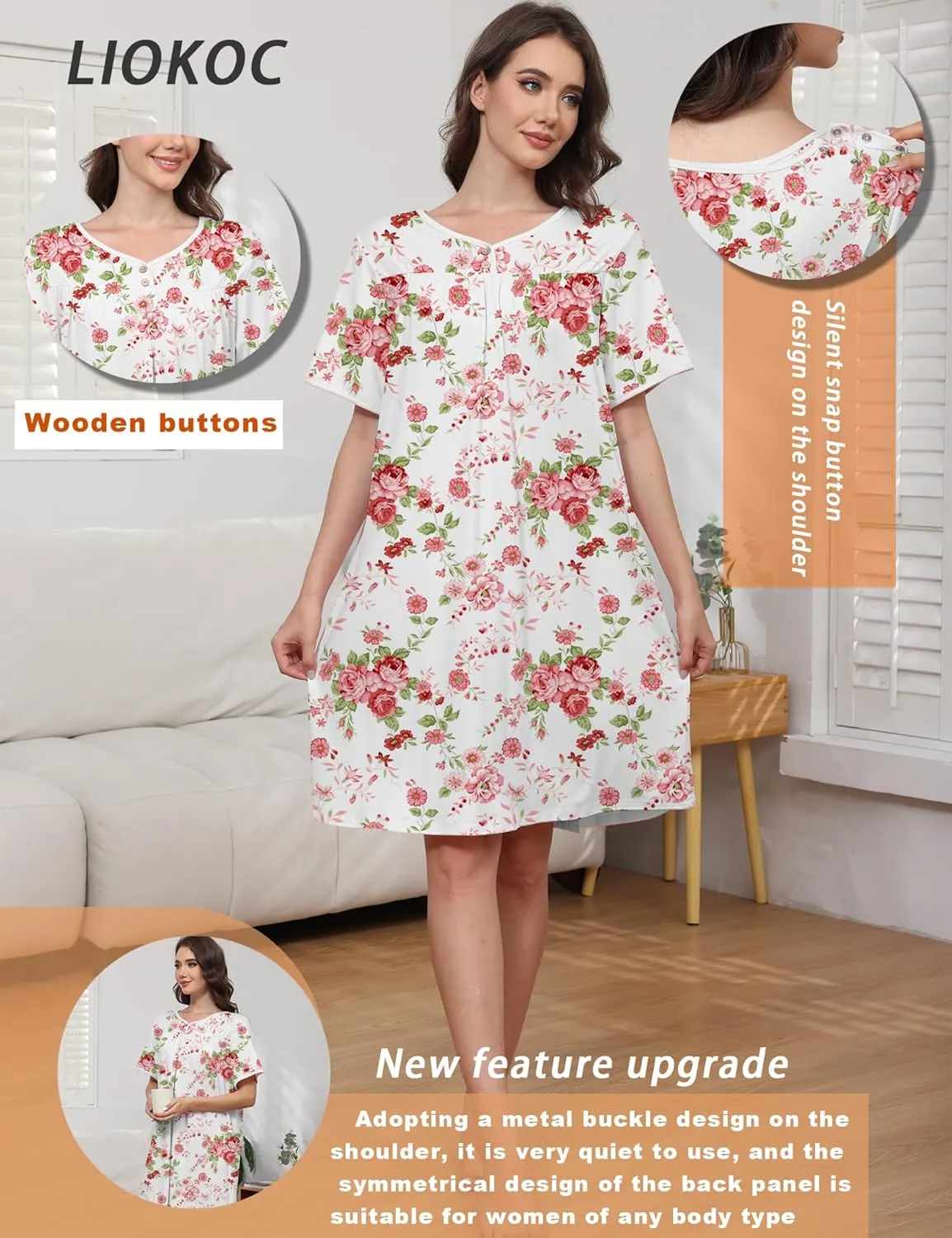 Hospital Gowns for Women Open Back Tear Away Snap Post Shoulder Surgery Short Sleeve Soft Cotton Adaptive Clothing