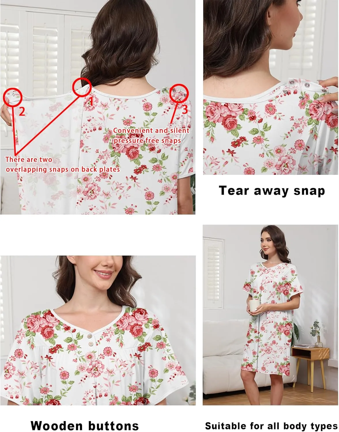 Hospital Gowns for Women Open Back Tear Away Snap Post Shoulder Surgery Short Sleeve Soft Cotton Adaptive Clothing