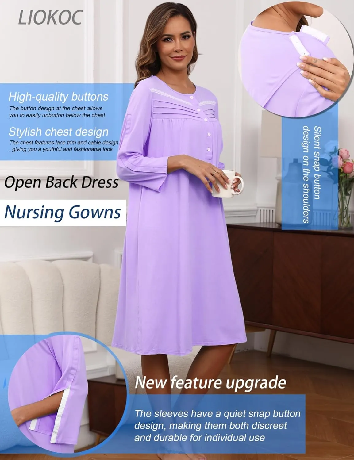 Hospital Gowns for Women Tear Away Snap 3/4 Sleeve Open Back Post Shoulder Surgery Dresses Delivery Nightgown S-3XL