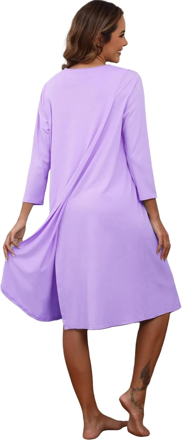 Hospital Gowns for Women Tear Away Snap 3/4 Sleeve Open Back Post Shoulder Surgery Dresses Delivery Nightgown S-3XL