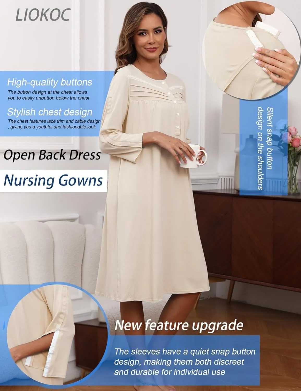 Hospital Gowns for Women Tear Away Snap 3/4 Sleeve Open Back Post Shoulder Surgery Dresses Delivery Nightgown S-3XL