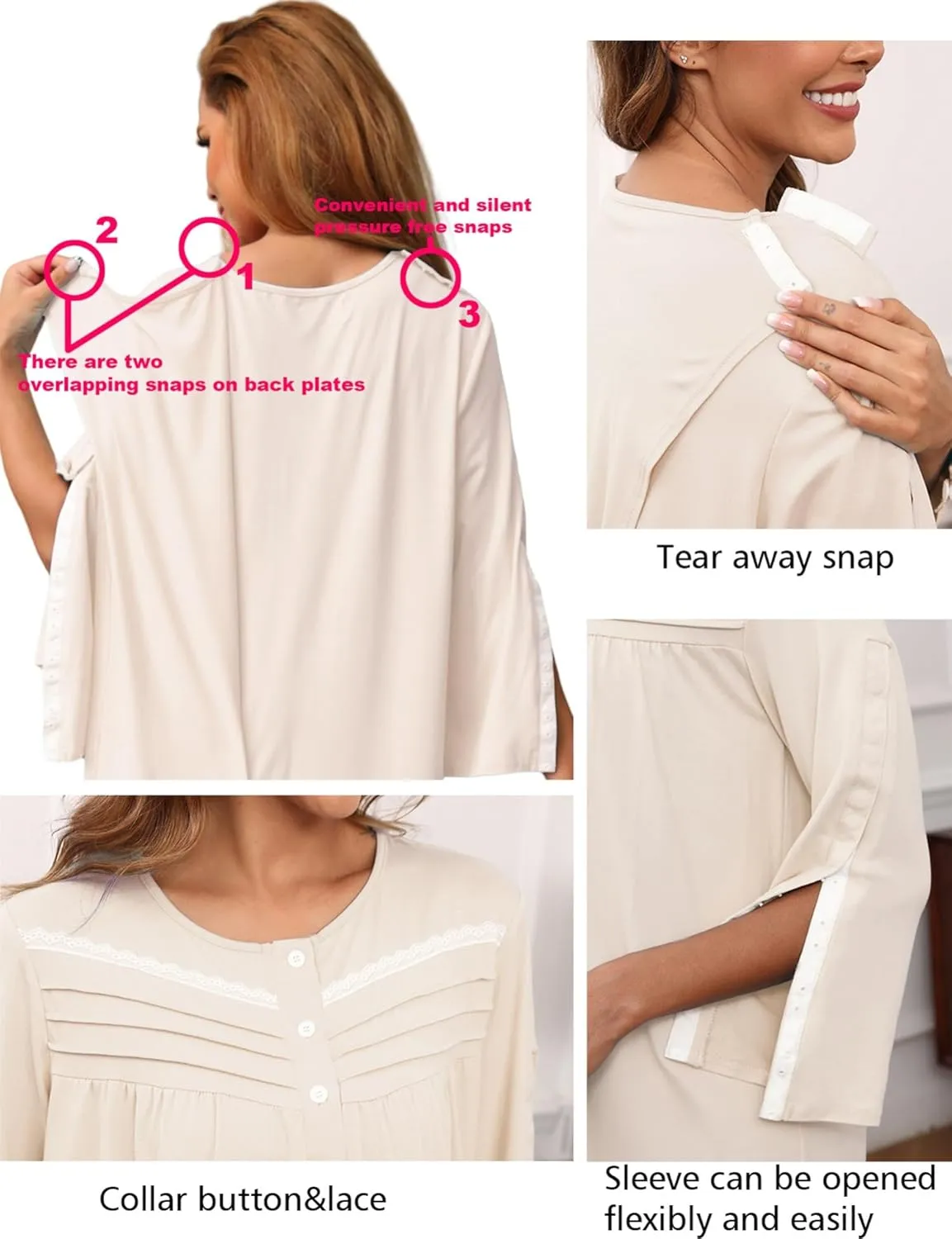 Hospital Gowns for Women Tear Away Snap 3/4 Sleeve Open Back Post Shoulder Surgery Dresses Delivery Nightgown S-3XL