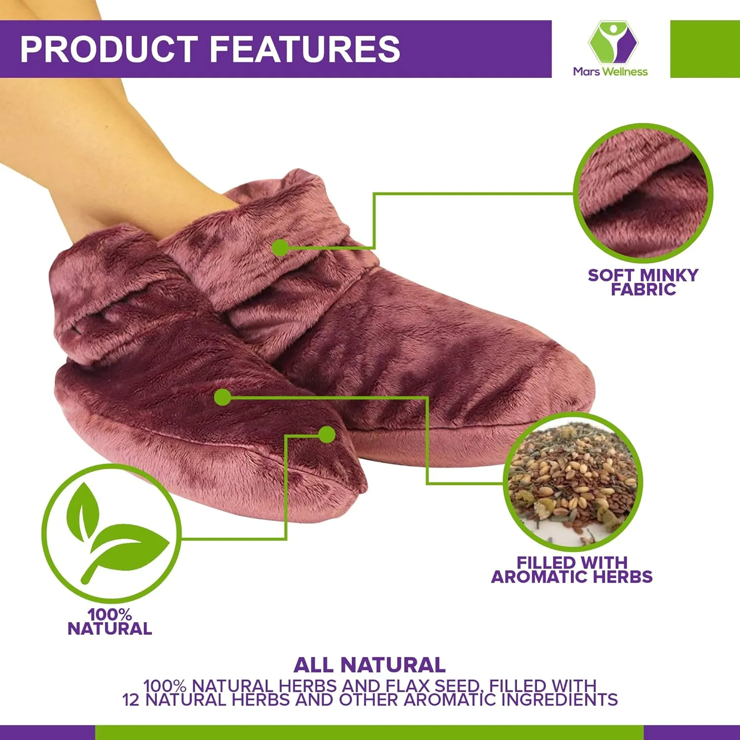 Mars Wellness Heated Microwavable Booties - Microwavable Socks Heated Booties for Women and Men - Herbal Hot/Cold Deep Slippers Women (Mauve)