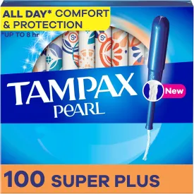 Tampax Pearl Tampons Super Plus Absorbency, With Leakguard Braid, Unscented, 50 Count x 2 Packs (100 Count Total) (Packaging May Vary)
