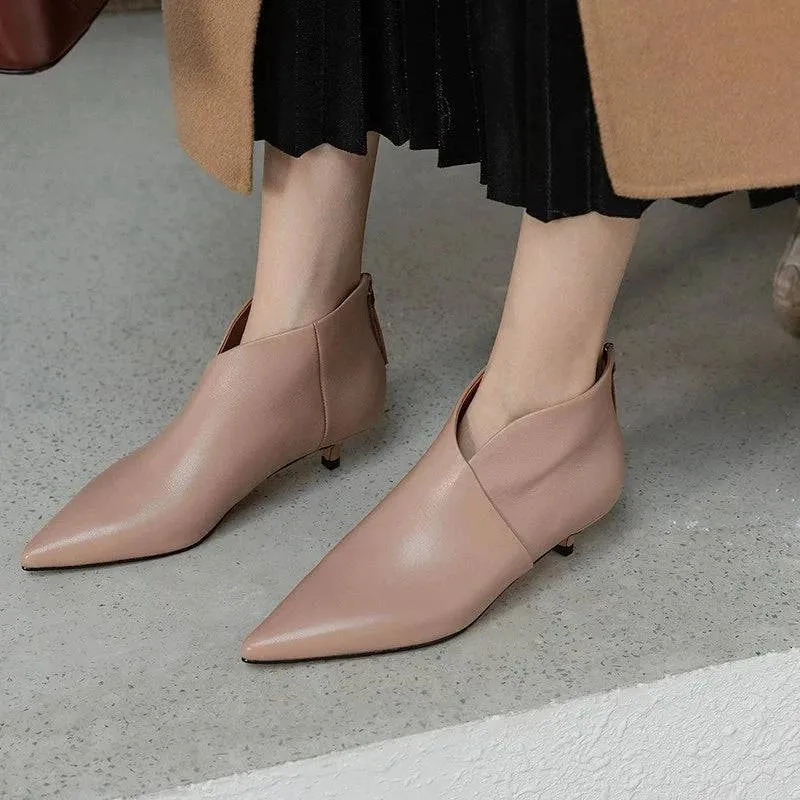 White Pointed Toe Kitten Heel Booties - Spring & Autumn Ankle Boots