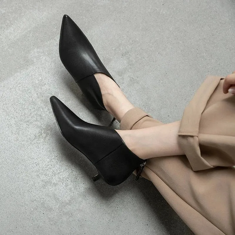 White Pointed Toe Kitten Heel Booties - Spring & Autumn Ankle Boots