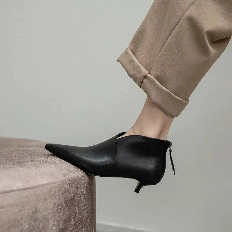 White Pointed Toe Kitten Heel Booties - Spring & Autumn Ankle Boots